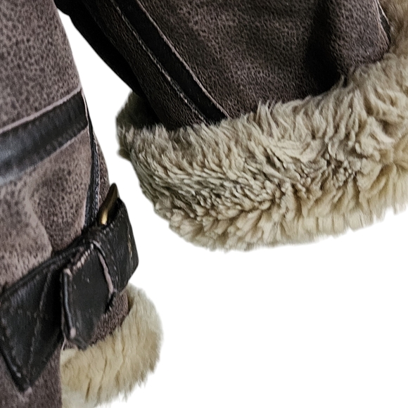 Vintage leather jacket brown faux fur Aviator oversized boyfriend 90s grunge XL - Picture 5 of 9